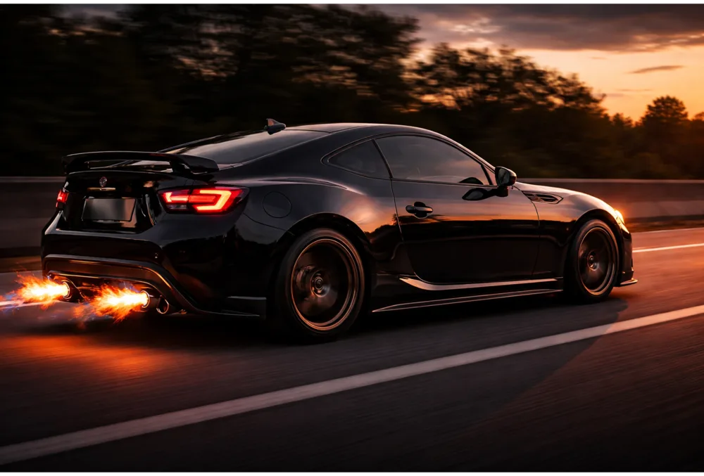 Exhaust system components on a performance coupe at speed